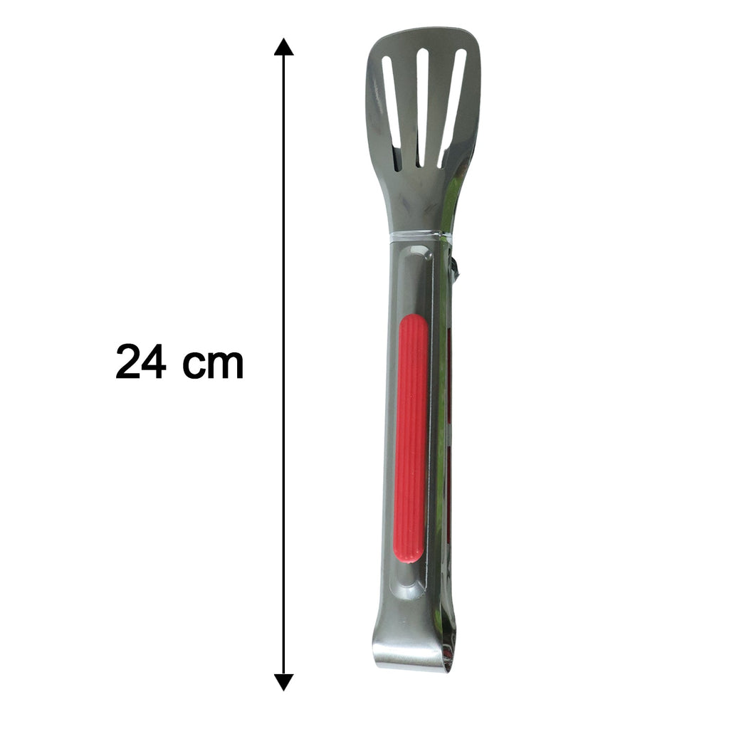 Durable kitchen tongs utensil with clear size reference for flipping and serving.