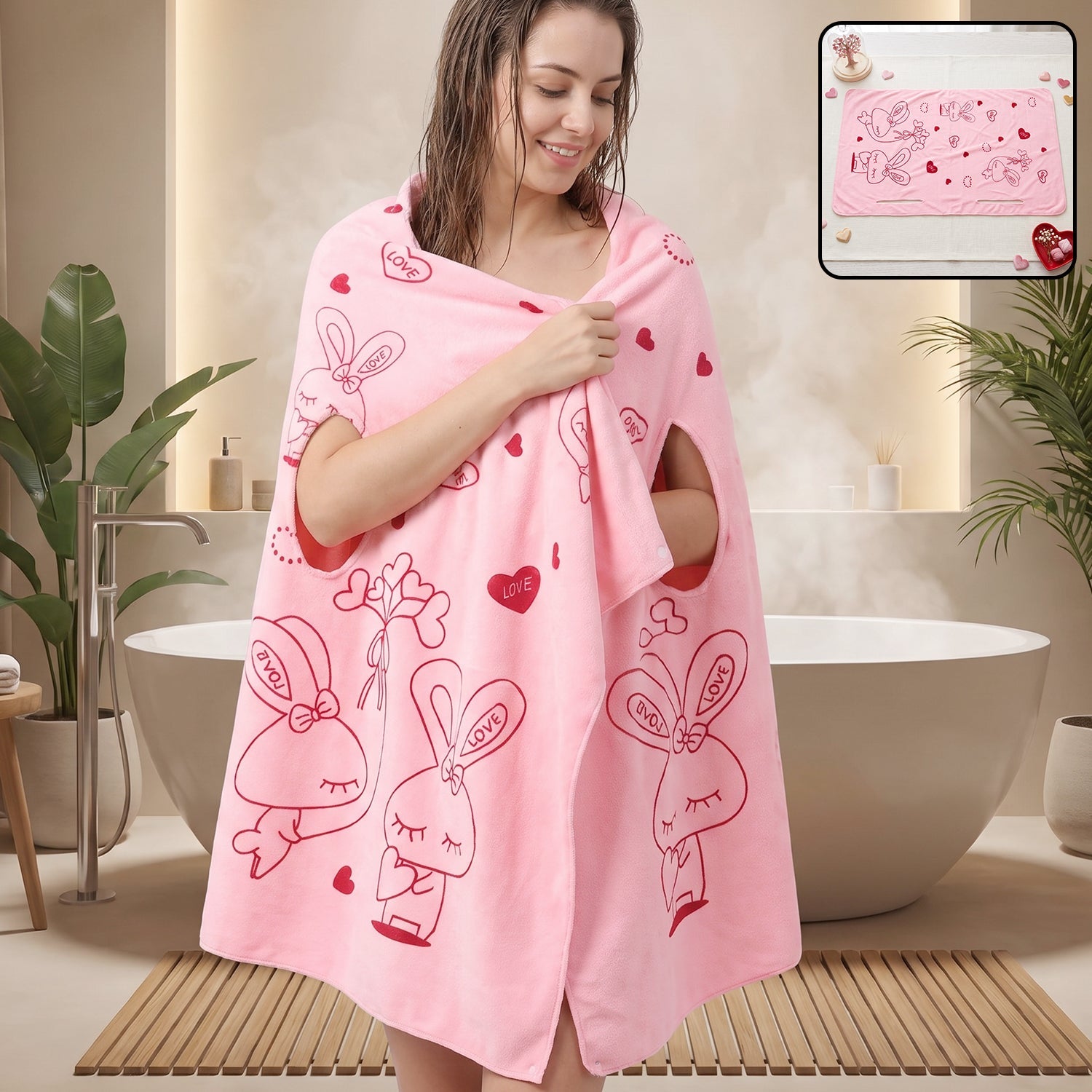 Women wearable bath towel, cute print soft quick dry bathroom wrap (1 pc)