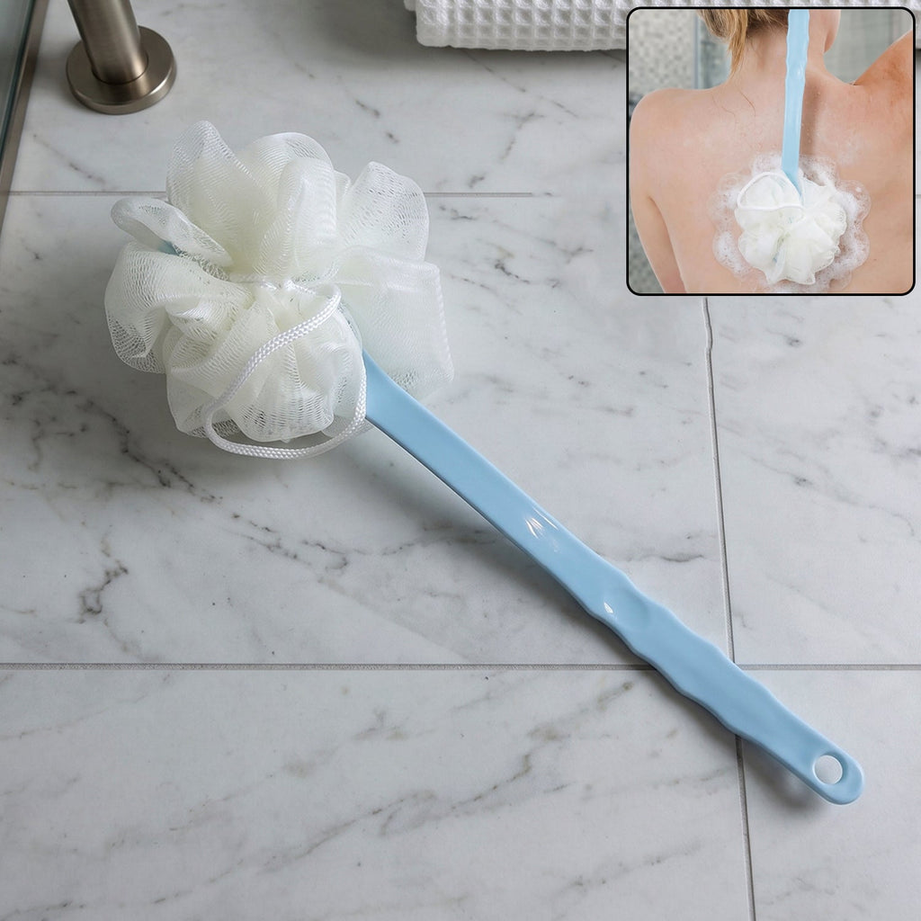 Long handle shower brush with soft bristles for exfoliating skin