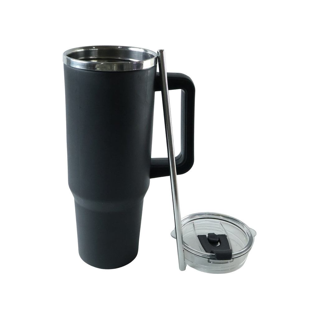 Black travel tumbler with ergonomic side handle
