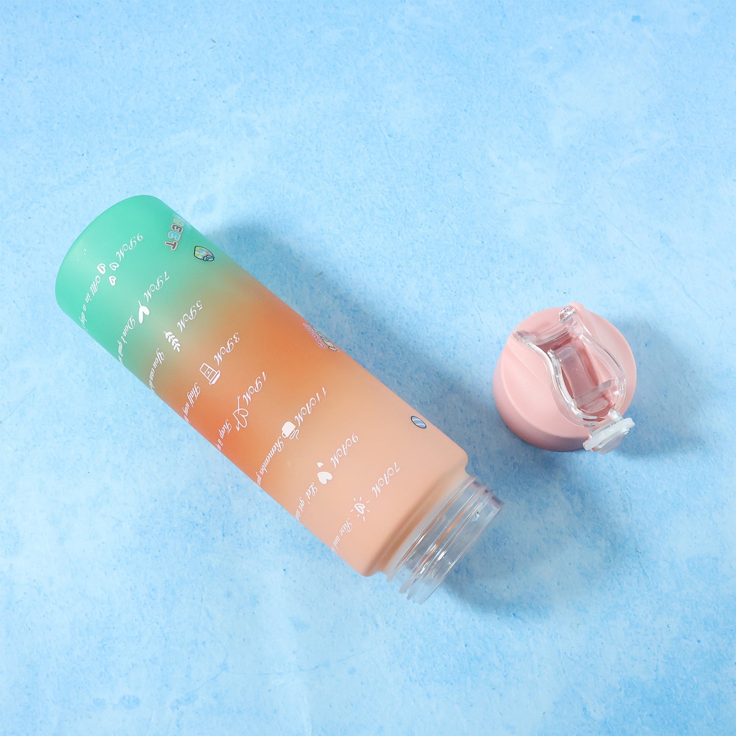 Leakproof motivational water bottle with flip-top cap and time markers