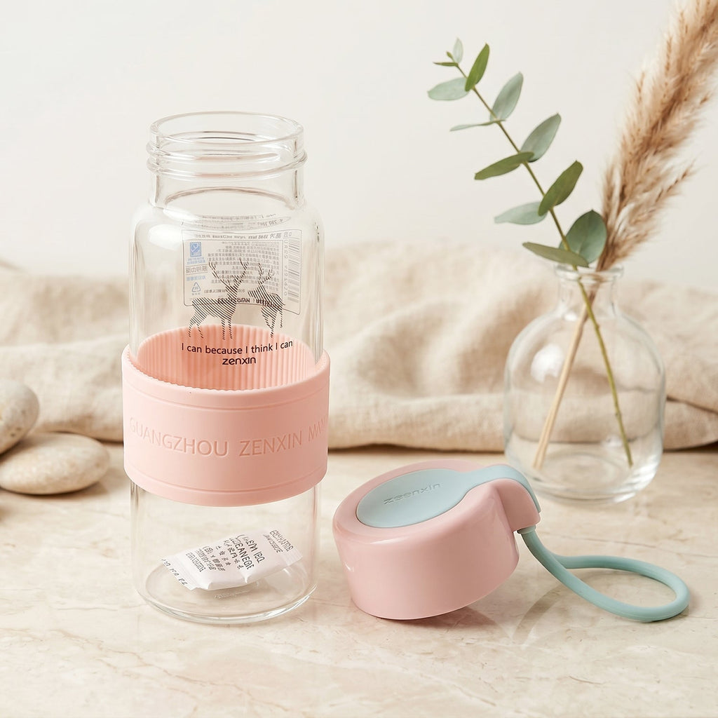 Portable glass bottle with silicone grip sleeve for daily use
