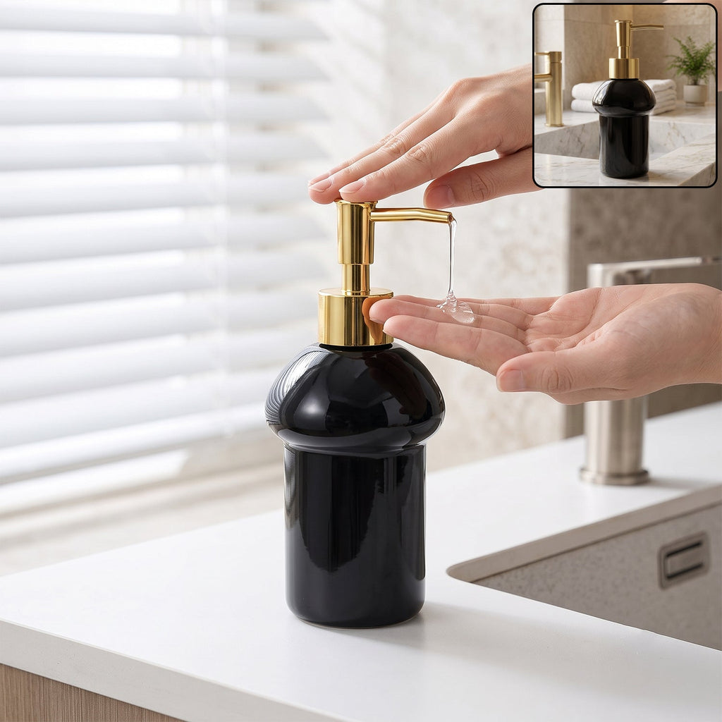 Black glass liquid soap dispenser bottle with gold pump, refillable (1 pc)