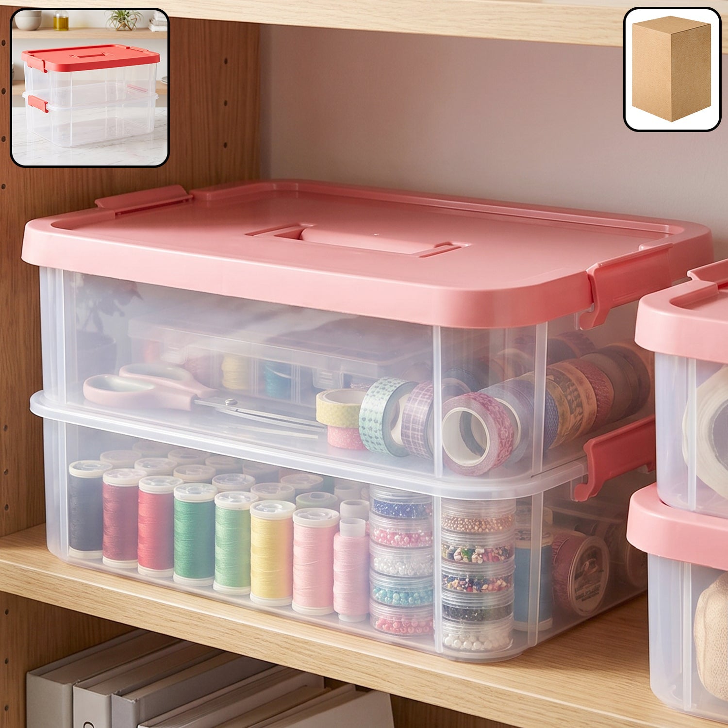 Plastic transparent storage box with lid, 2XL 2 layer stackable organizer (1 pc)
