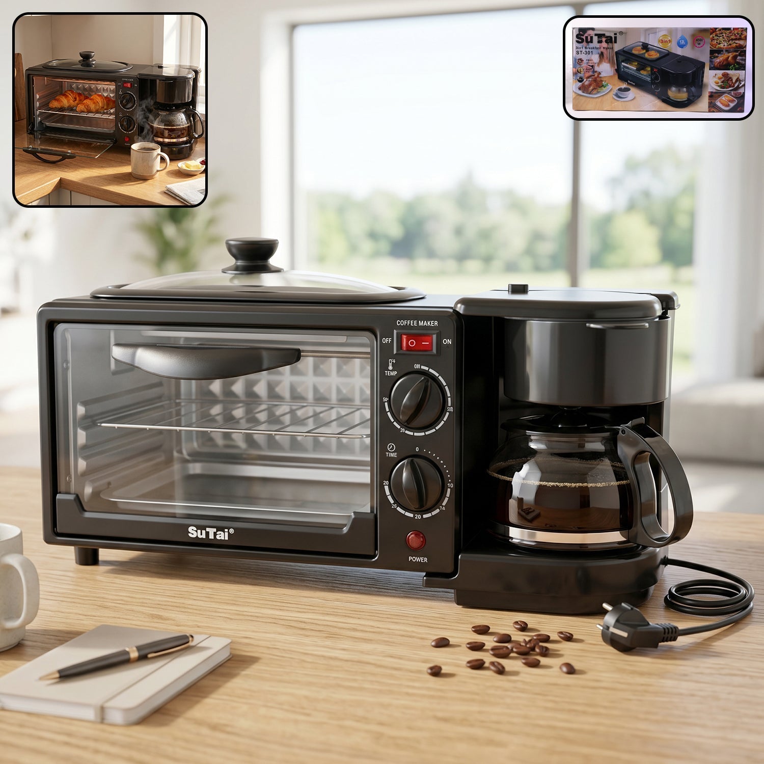 Front view of the 3 in 1 breakfast maker with oven, griddle, and coffee maker