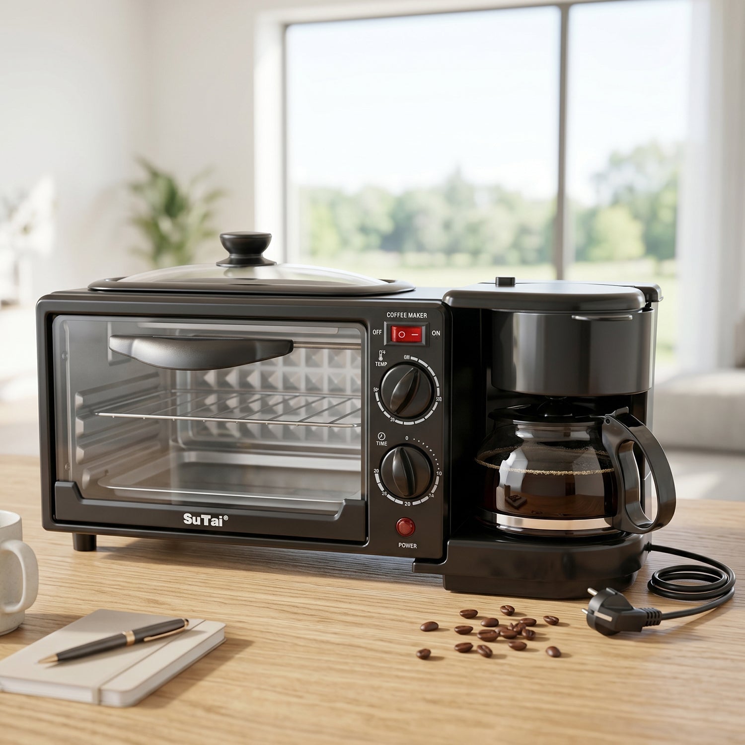 Compact 3 in 1 appliance fitting on small kitchen counter