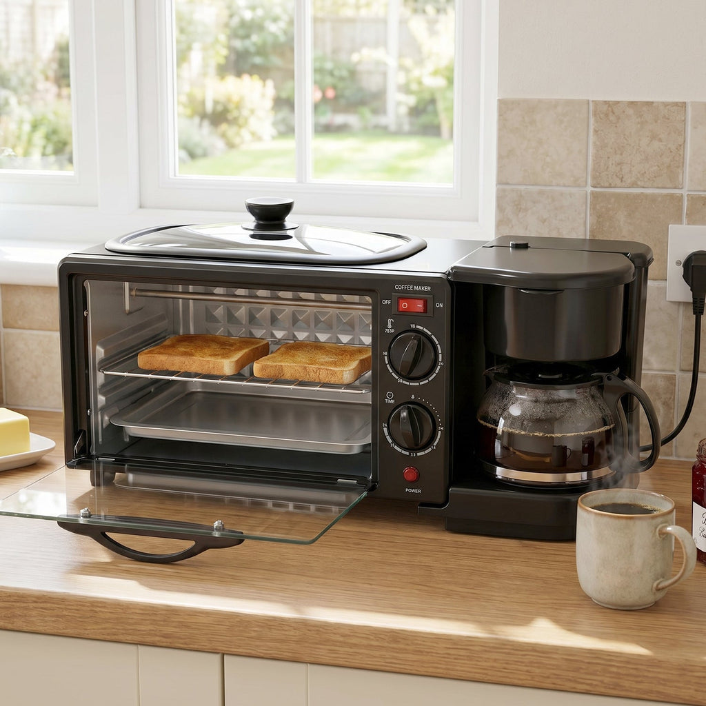Ready breakfast setup with eggs, toast, coffee, and sausages