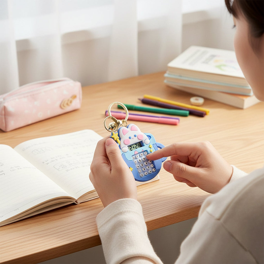 Calculator keychain showing metal key ring and silicone body