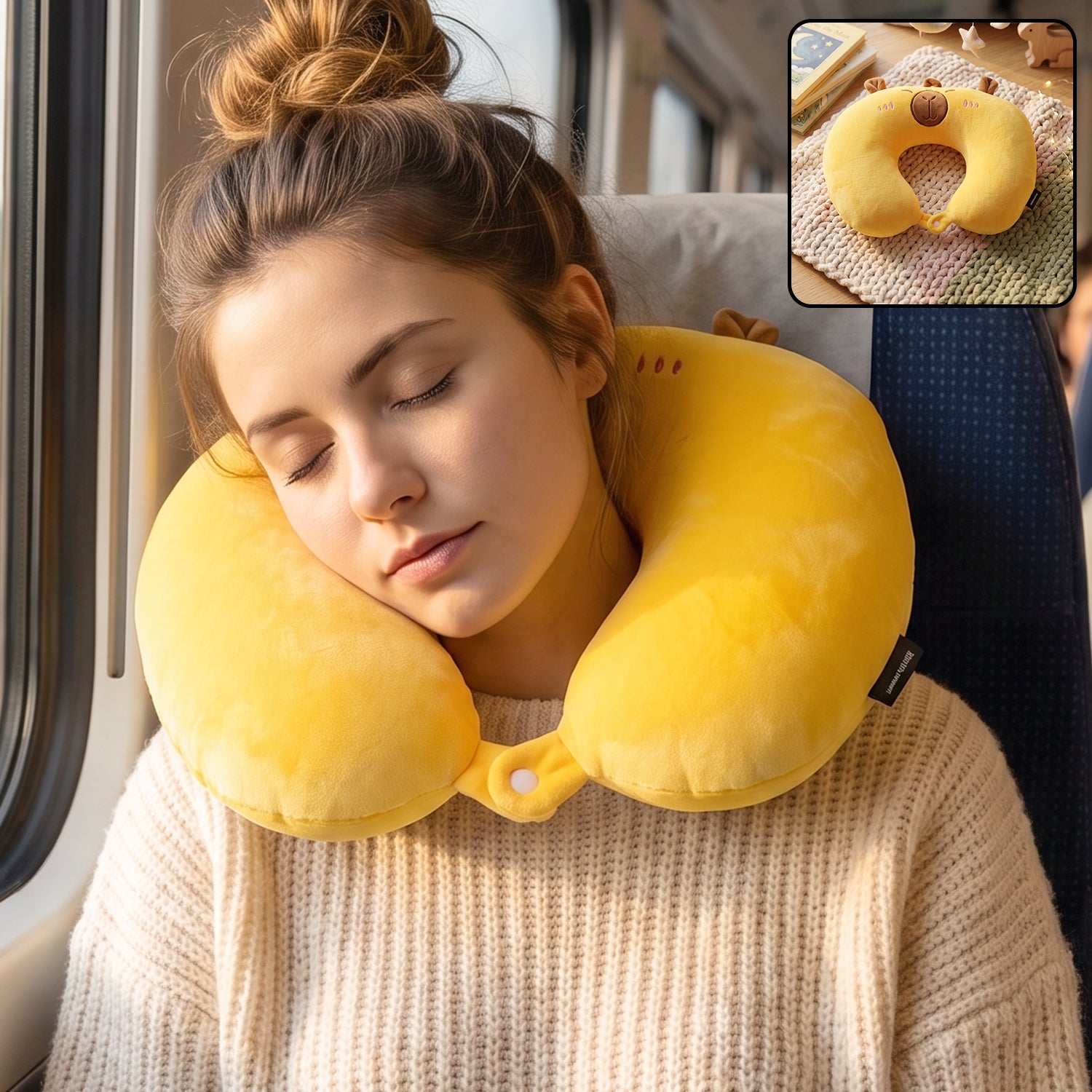 U shaped travel neck pillow, cute capybara soft plush pillow for travel (1 pc)