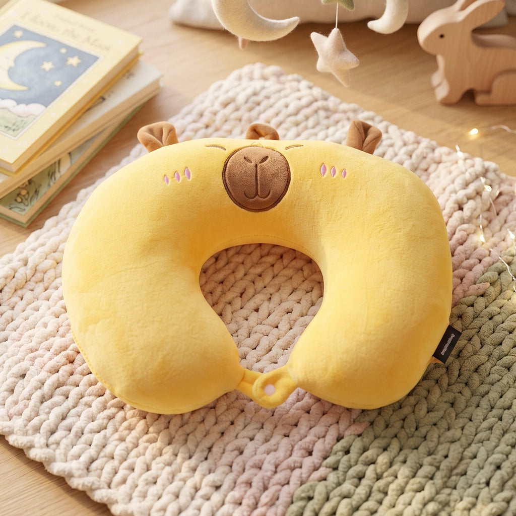 Soft toy style travel pillow for flights and road trips
