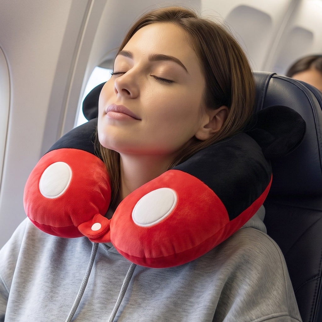 Plush character travel cushion for napping on journeys