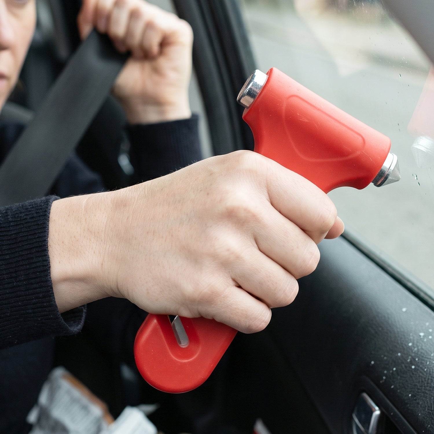 Auto emergency hammer to shatter glass and cut jammed seatbelts