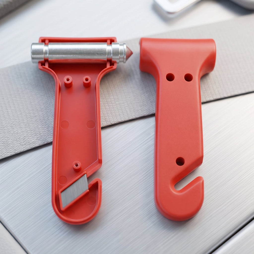 Car escape tool with glass breaking hammer and belt cutter