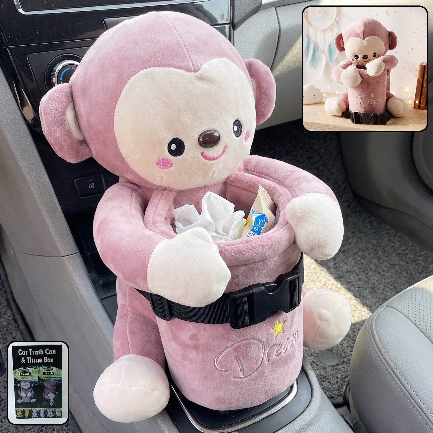 Car trash can and tissue box holder with cute plush monkey design (1 pc)