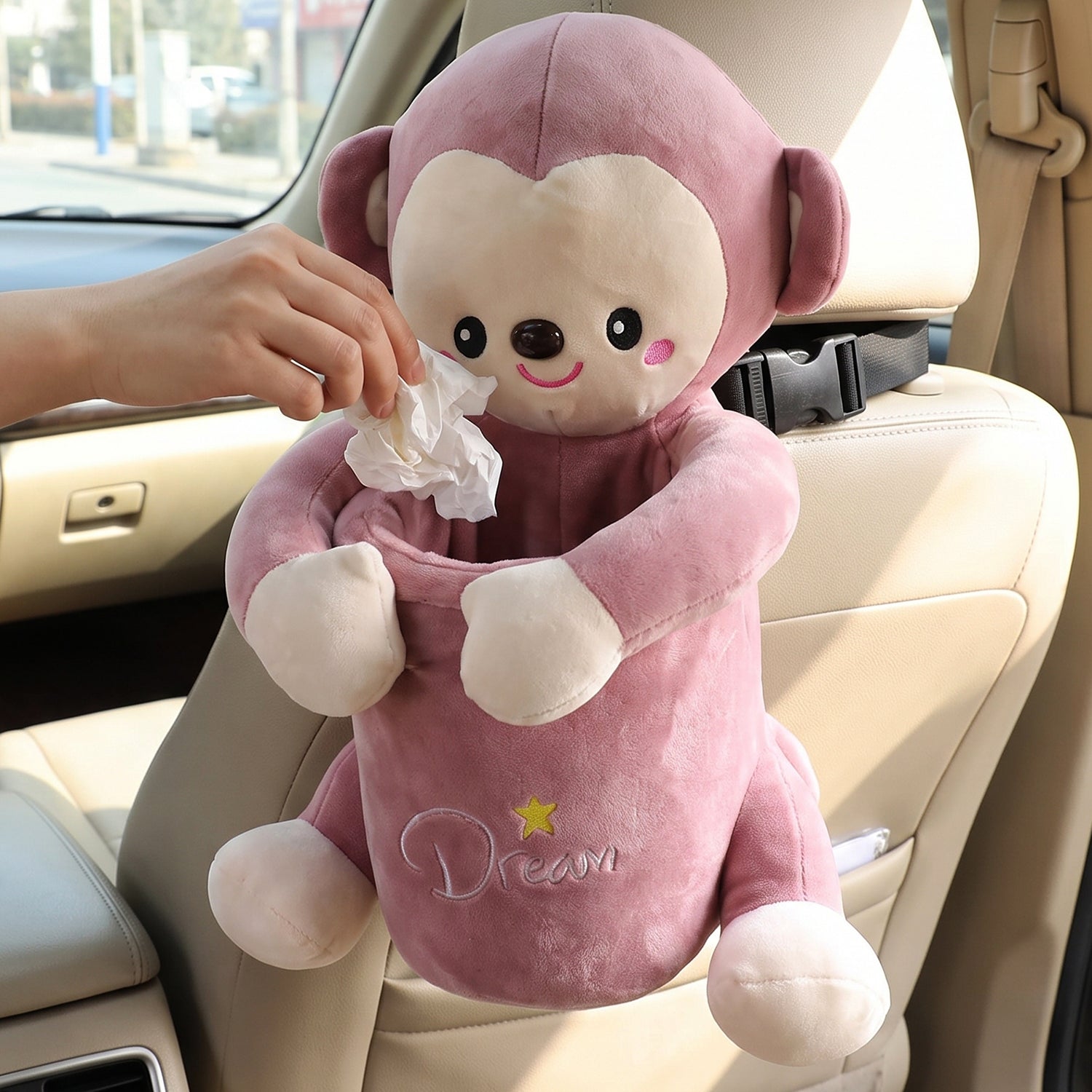 2 in 1 car trash bin and tissue box organizer with monkey design