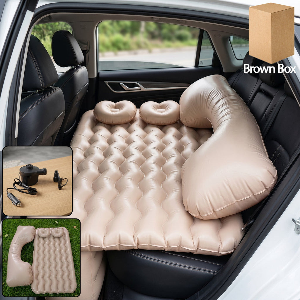 Inflated car air mattress set provides comfort in vehicle back seat.