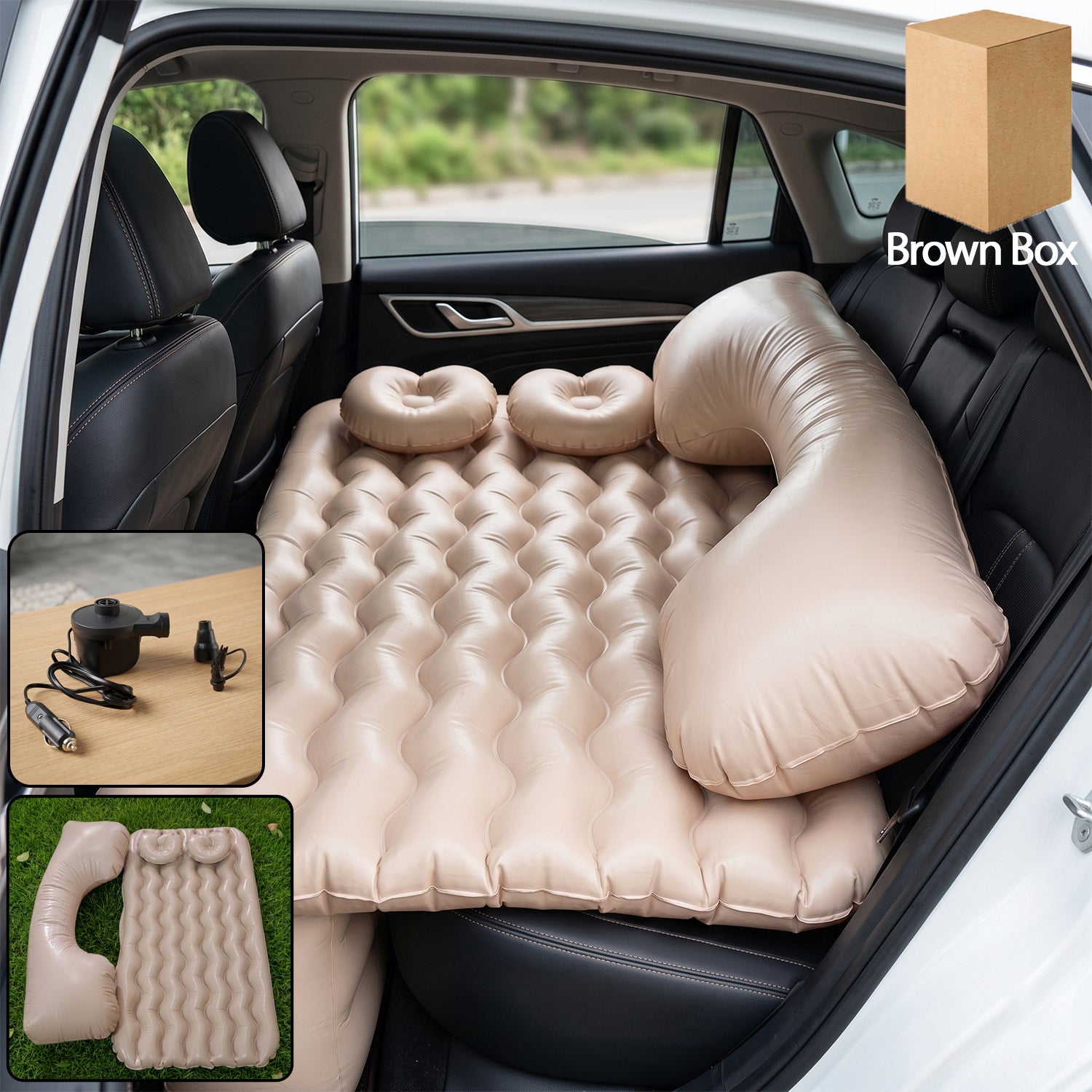 Inflated car air mattress set provides comfort in vehicle back seat.