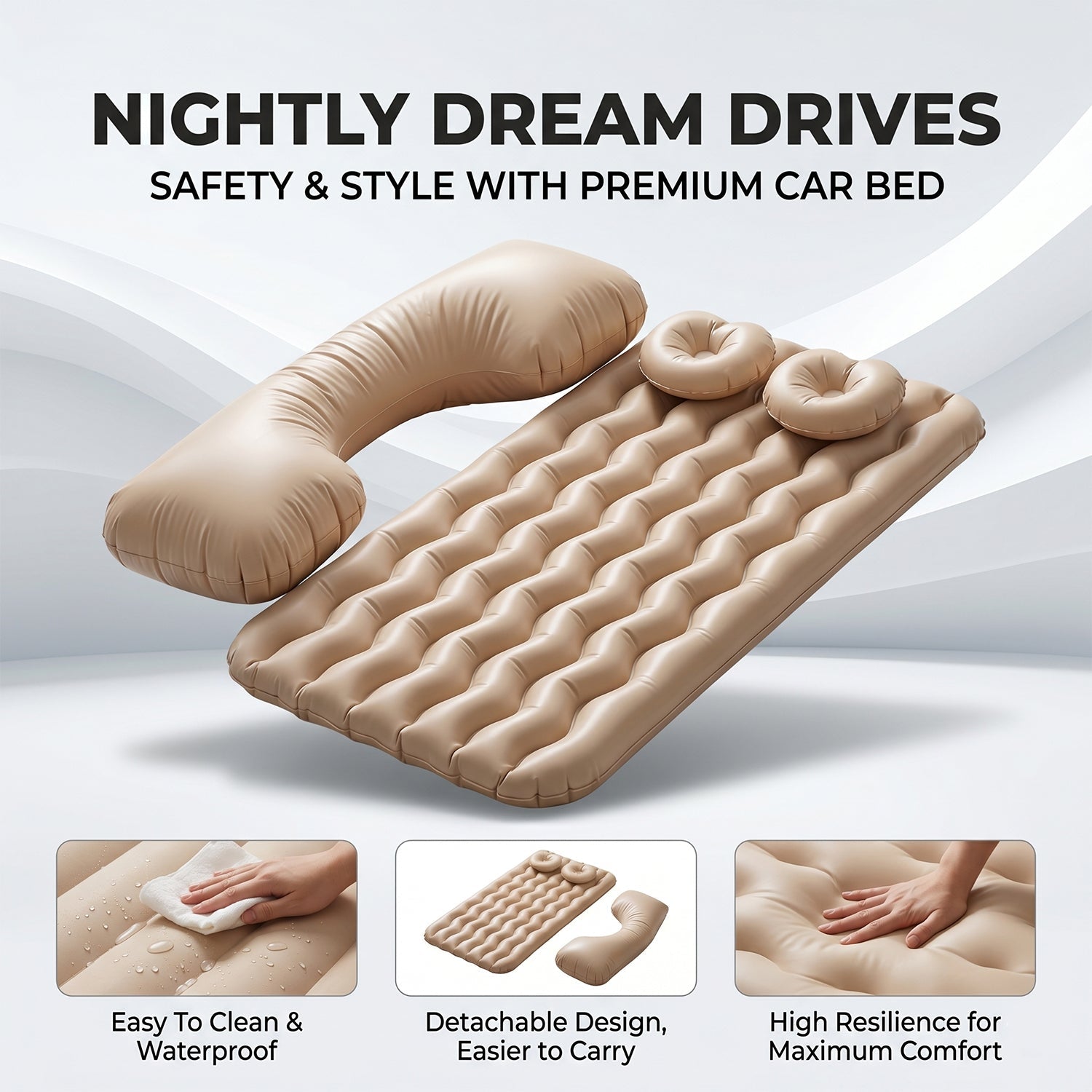 Car air mattress perfectly fitted in the vehicle's back seat.