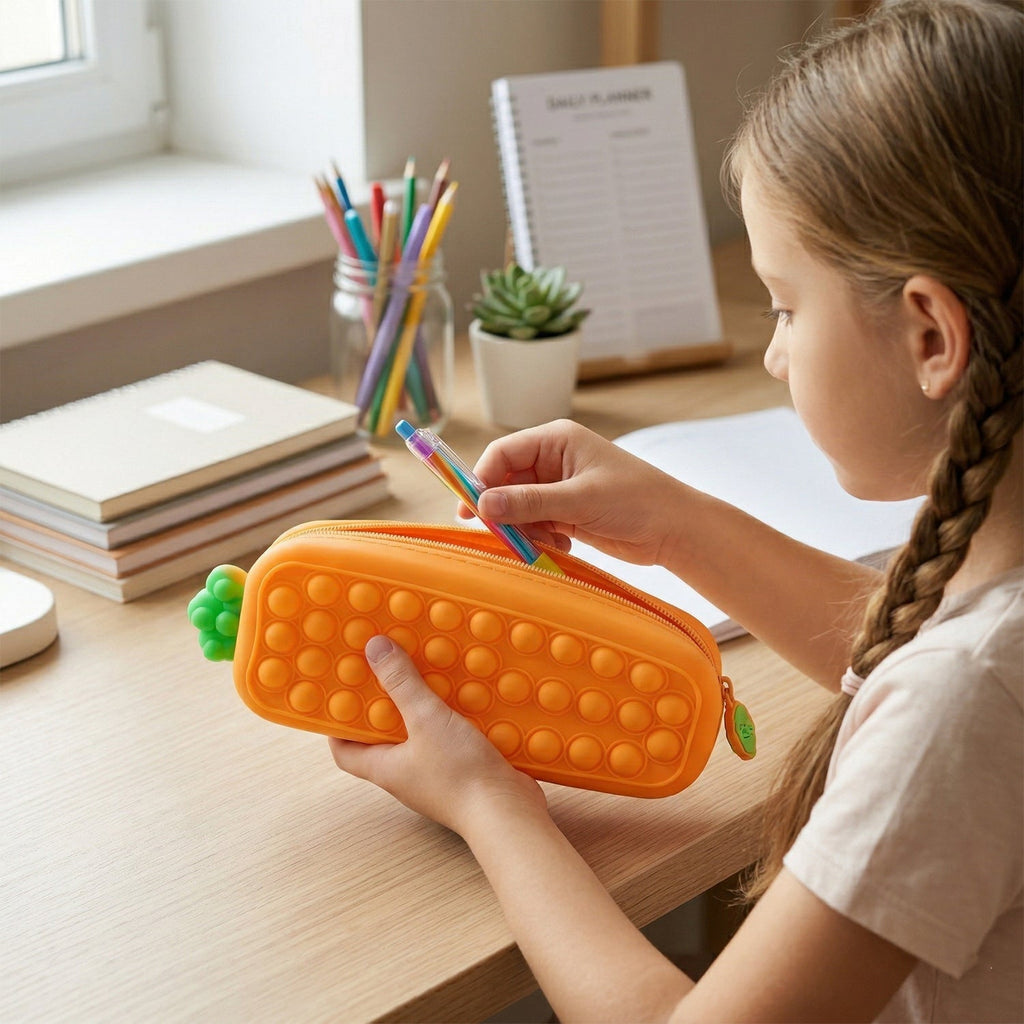 Open silicone Pop It pencil pouch with pens inside