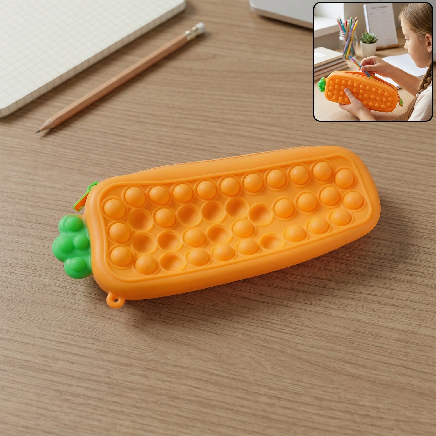 Carrot-shaped Pop It silicone pencil pouch with textured bubbles