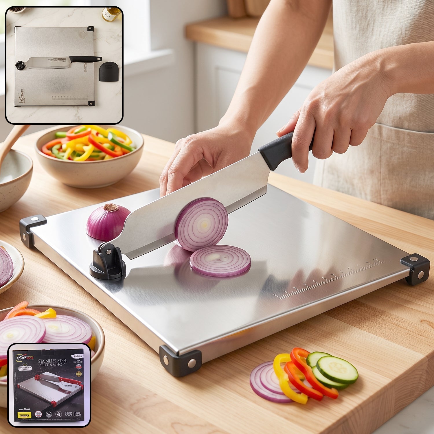 Stainless Steel 2 in 1 Cut and Chop Board with Knife and Sharpener (1 Set) product image