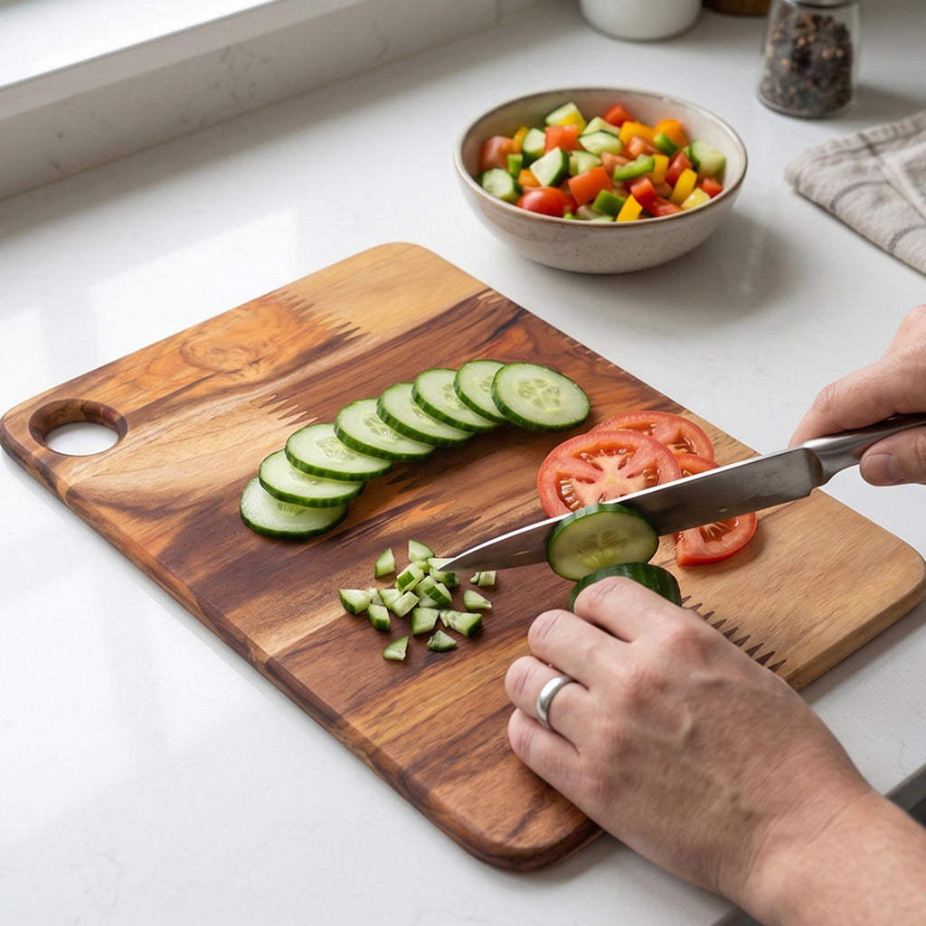 Natural wood cutting board for vegetables, bread and cheese