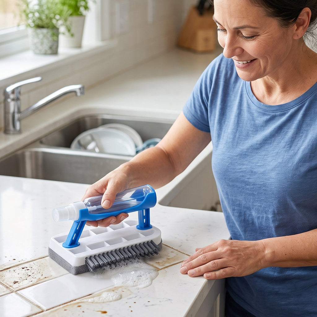 Kitchen scrubber brush with built in sponge and liquid dispenser