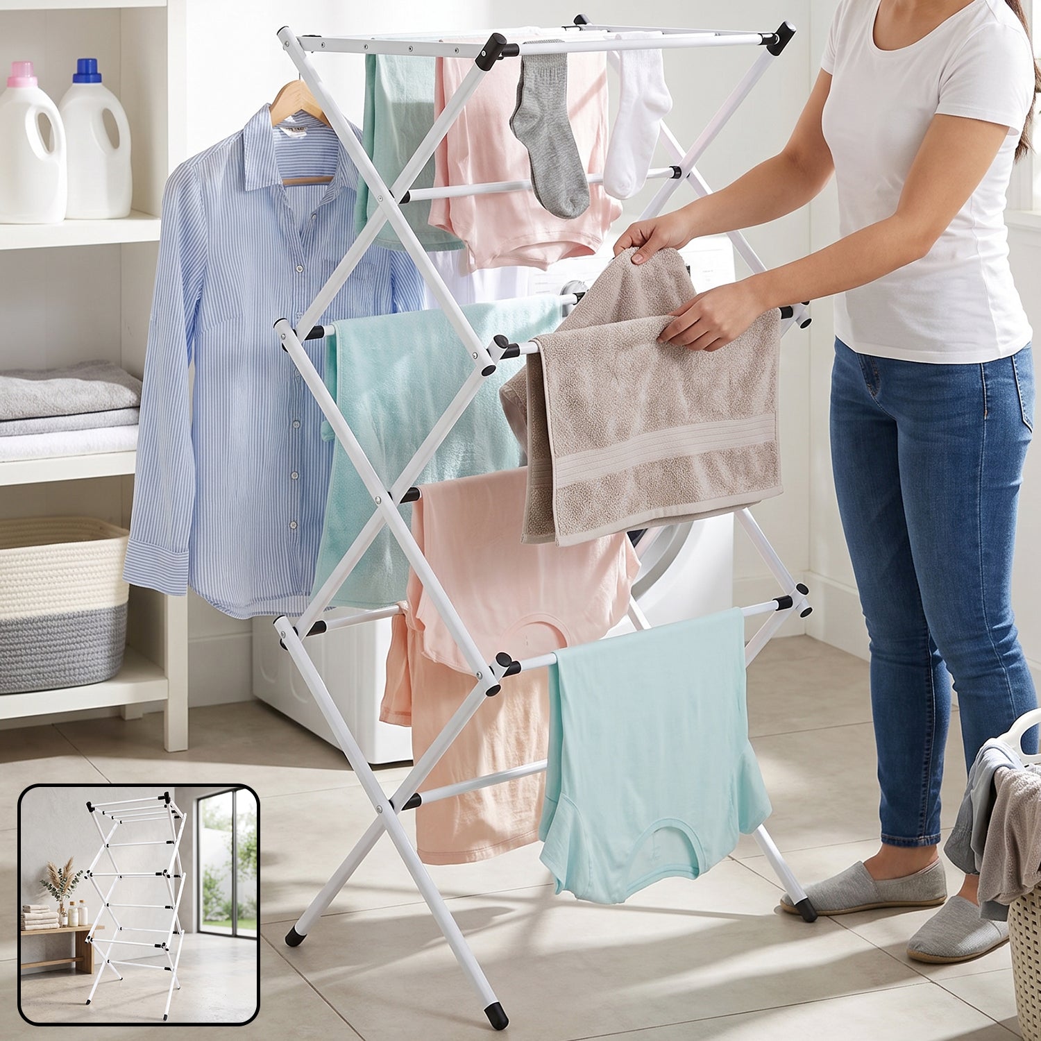 Metal foldable clothes drying rack with 3 tiers for laundry