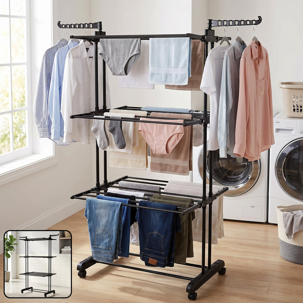 Expandable metal garment rack with three layers for drying clothes.