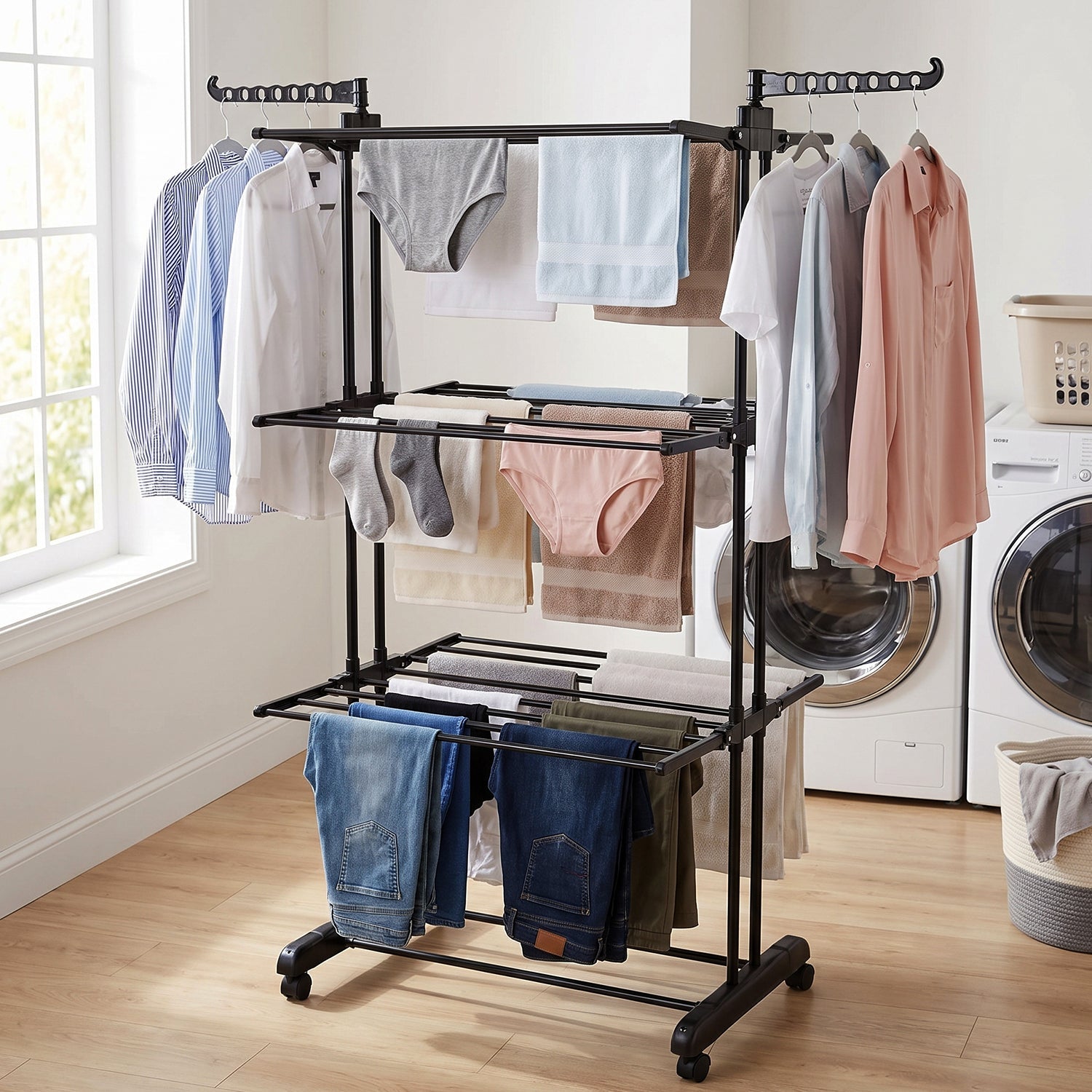 Metal expandable garment rack showing side hangers for clothes.