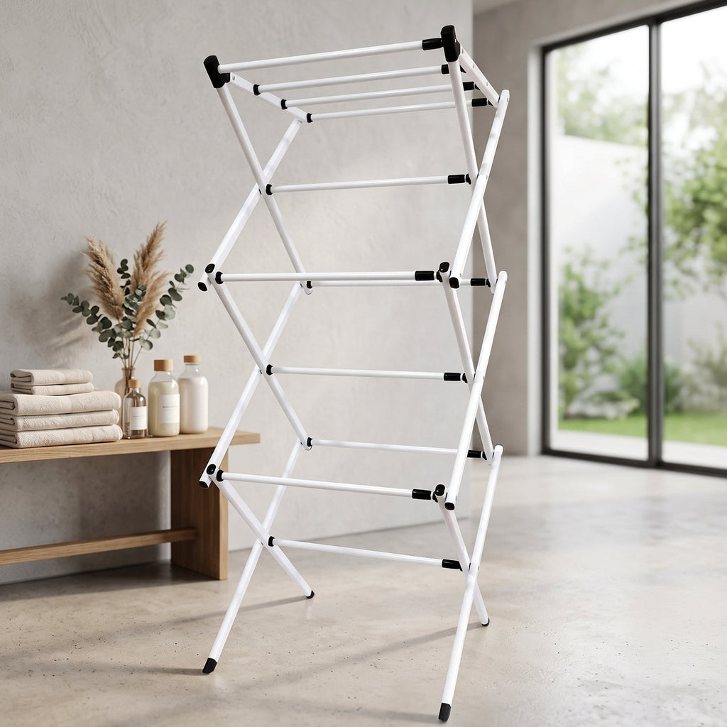 Portable laundry stand shown folded flat for easy storage