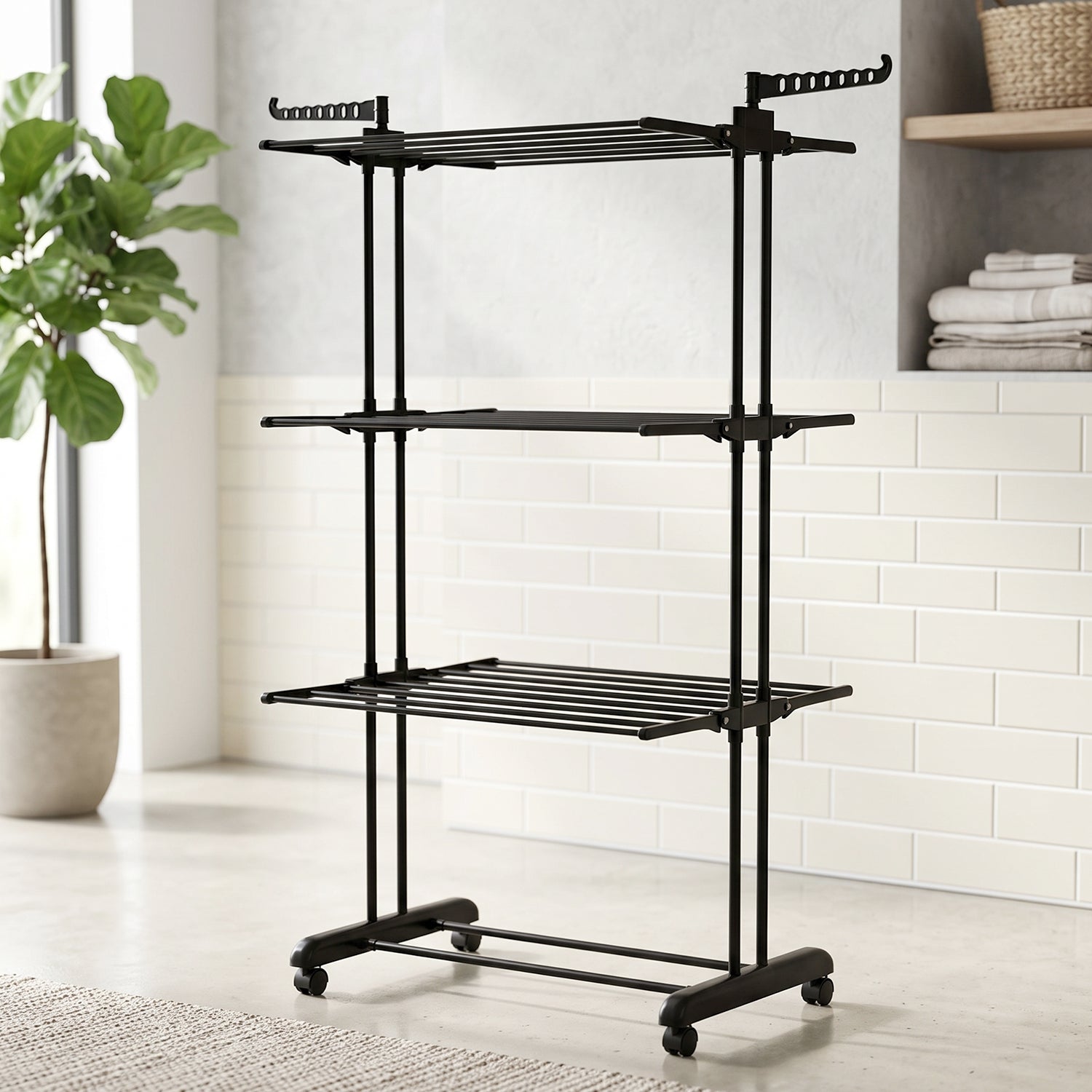 Foldable garment rack in a compact position for easy storage.