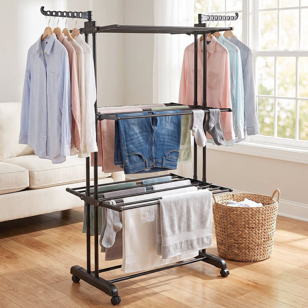 Close up view of the garment rack wheels for smooth mobility.