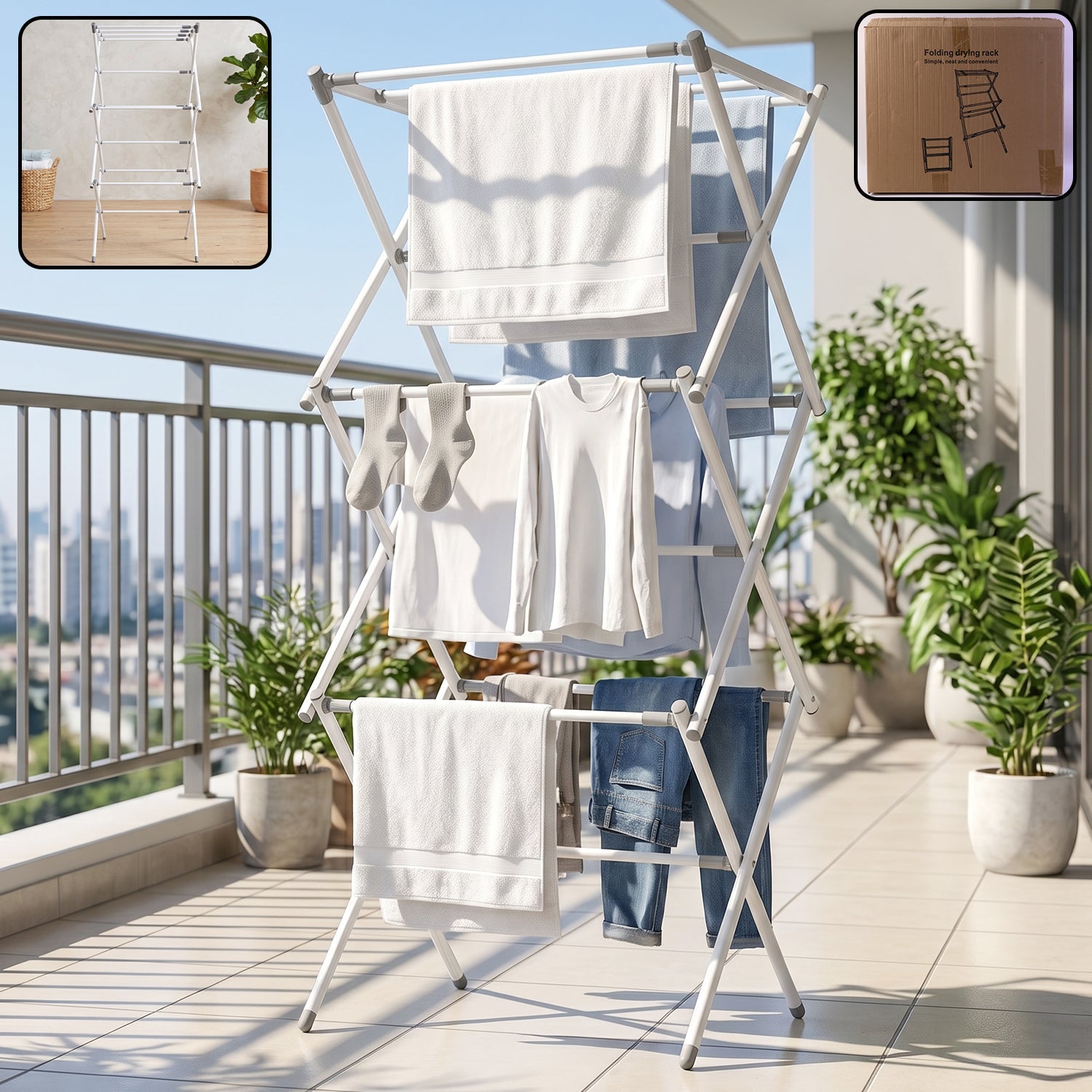 3 Tier Folding Clothes Drying Rack Laundry Cloth Dryer Stand for Balcony (1 Set) product image