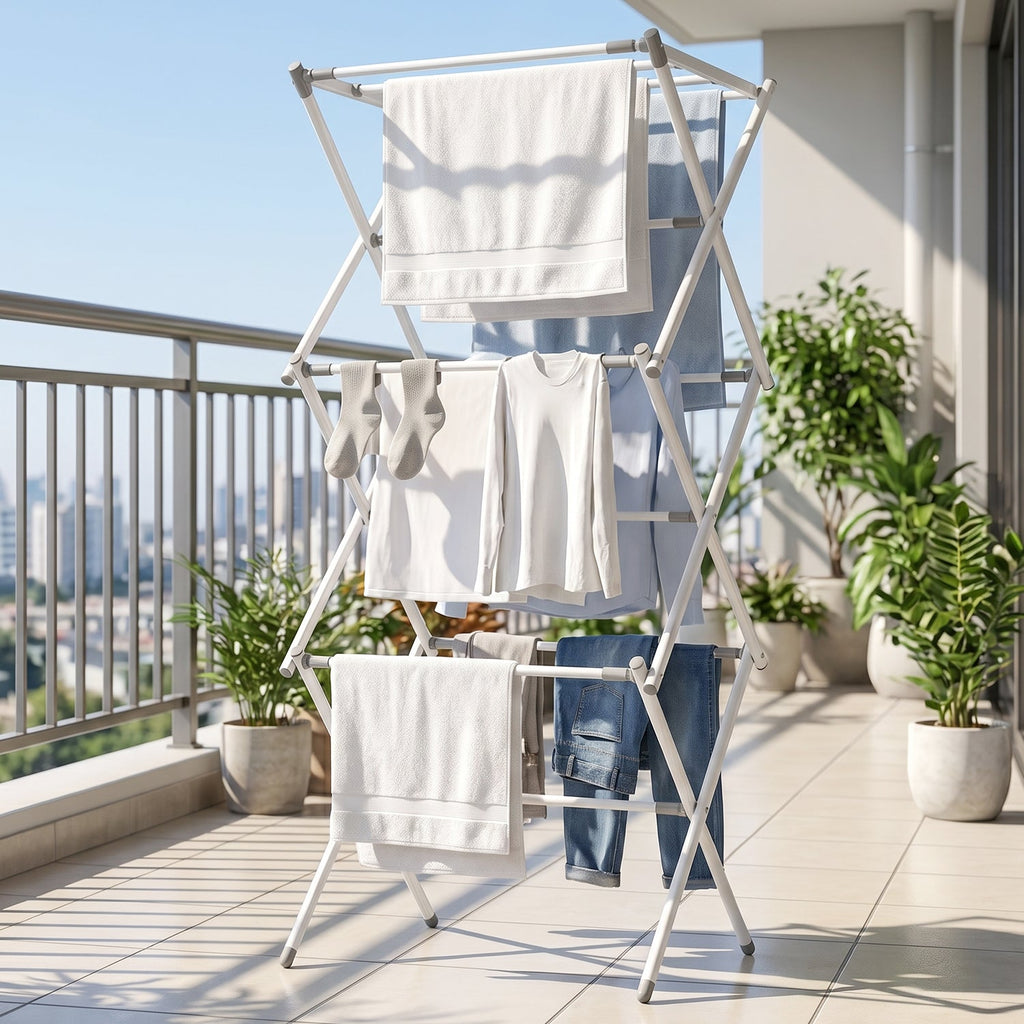 3 Tier Folding Clothes Drying Rack Laundry Cloth Dryer Stand for Balcony (1 Set) view 3