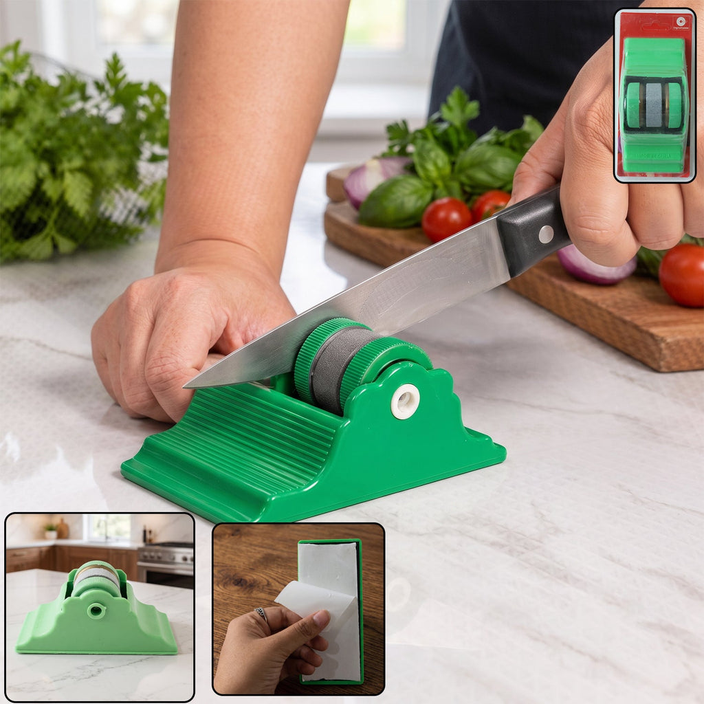 Compact knife sharpener with adhesive base and manual roller blades (1 pc)