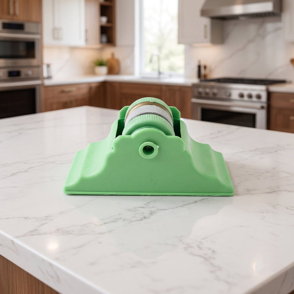 Manual kitchen knife sharpener with non slip adhesive base