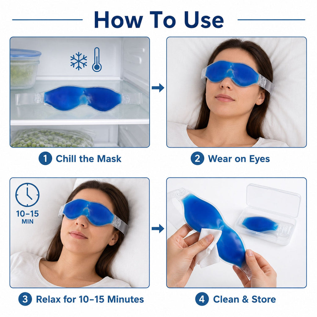 Blue cooling gel eye mask demonstrating use for puffy eyes relief