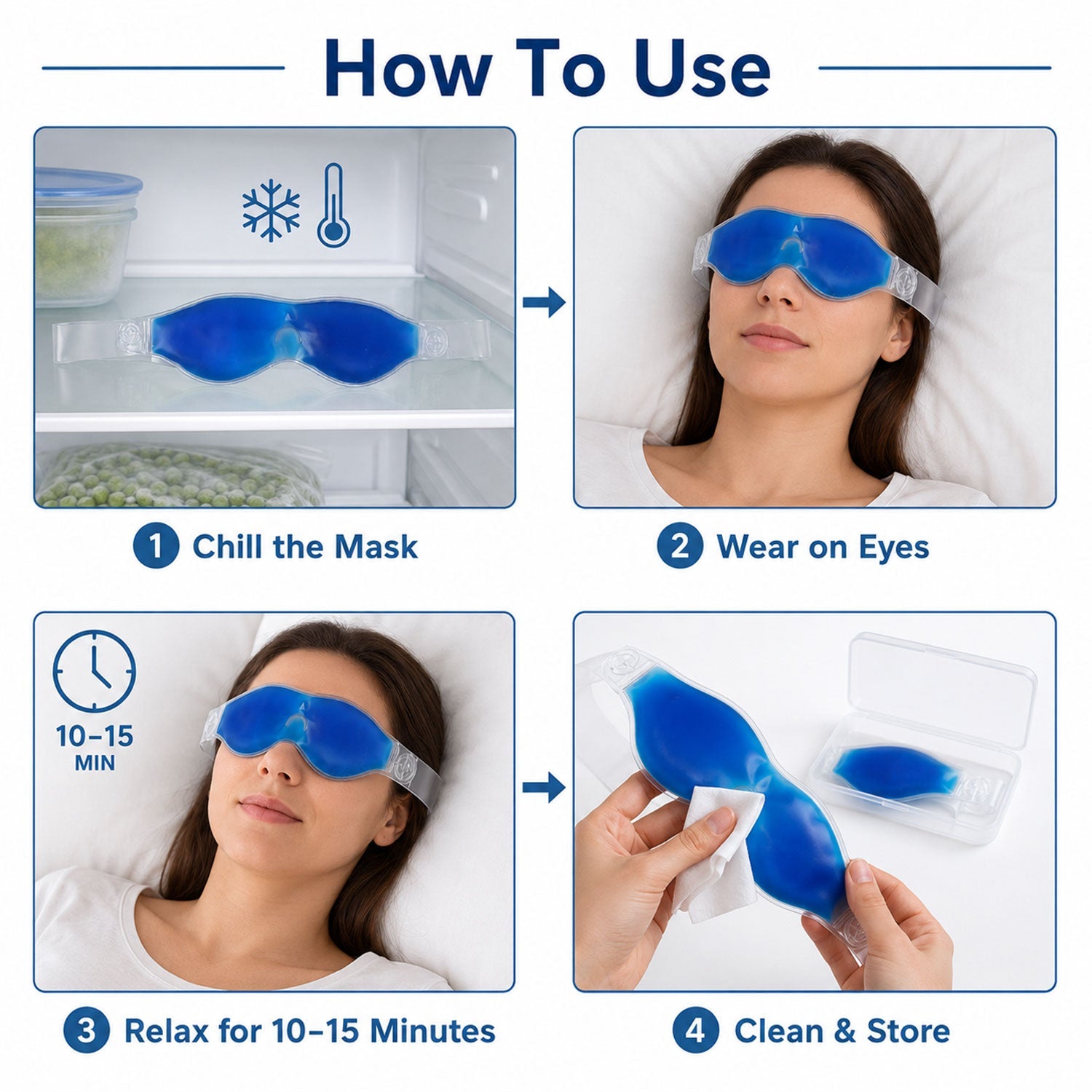 Blue cooling gel eye mask demonstrating use for puffy eyes relief