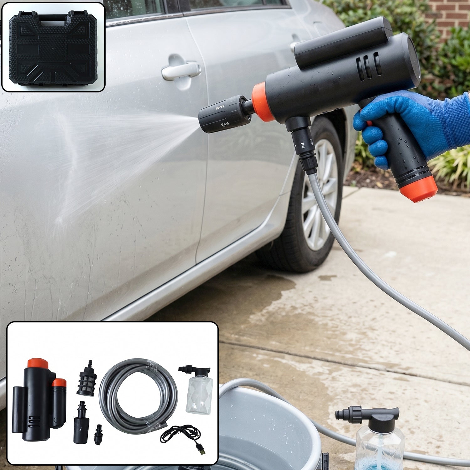 Portable cordless car washer gun kit ready for cleaning.