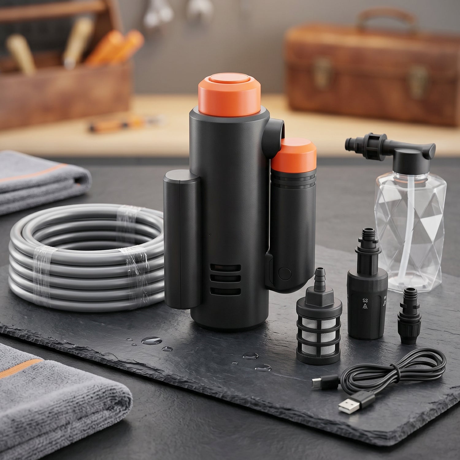 Portable high pressure car washer shown with approximate dimensions.