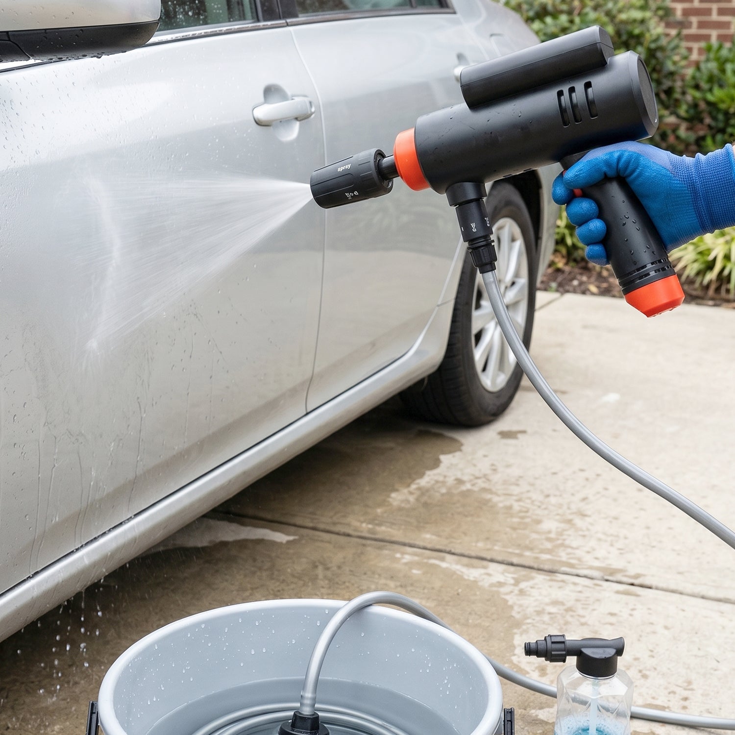Man using a portable cordless car washer to clean a vehicle.
