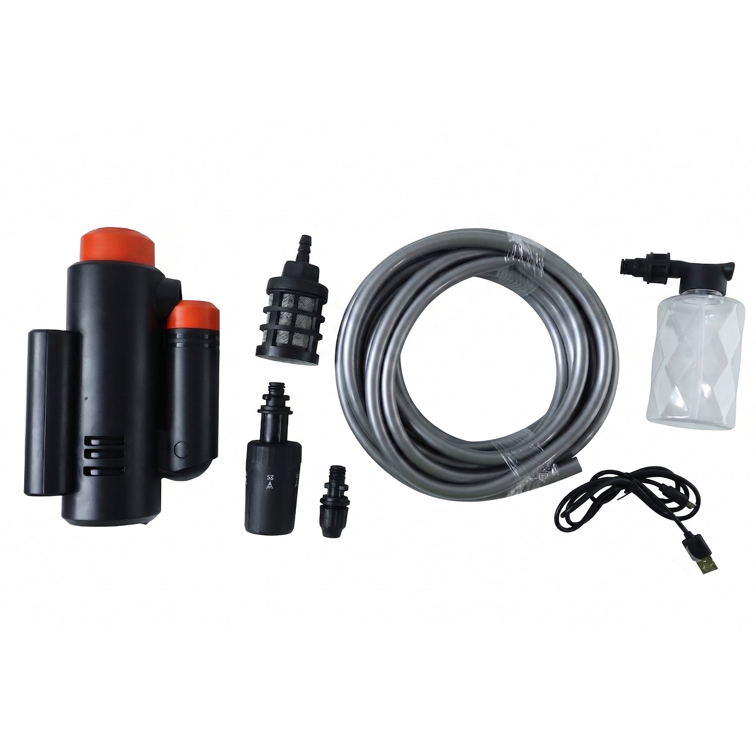Various accessories included with the portable high pressure car washer kit.