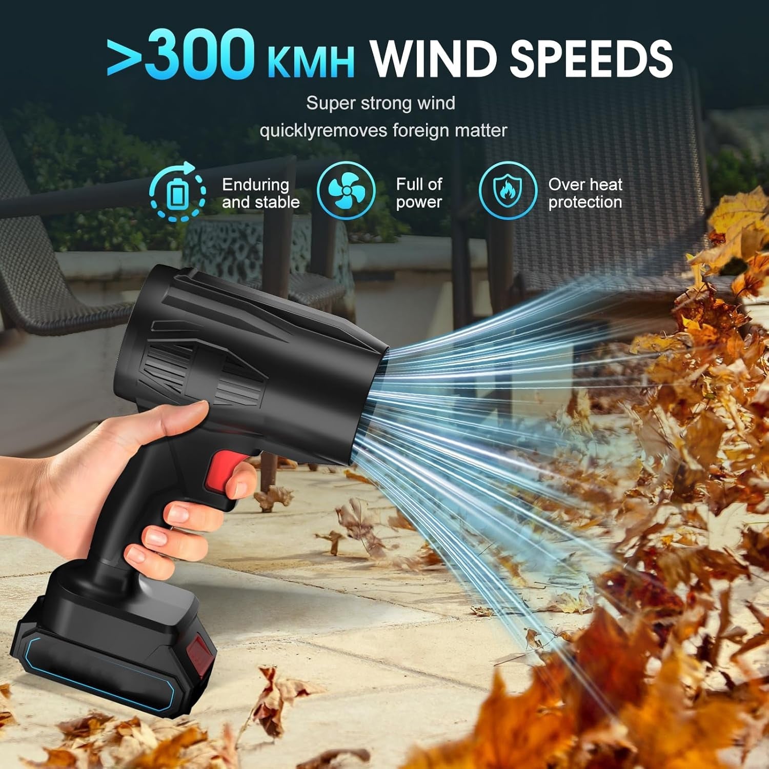 Leaf blower removing dust from outdoor surfaces, cordless and powerful