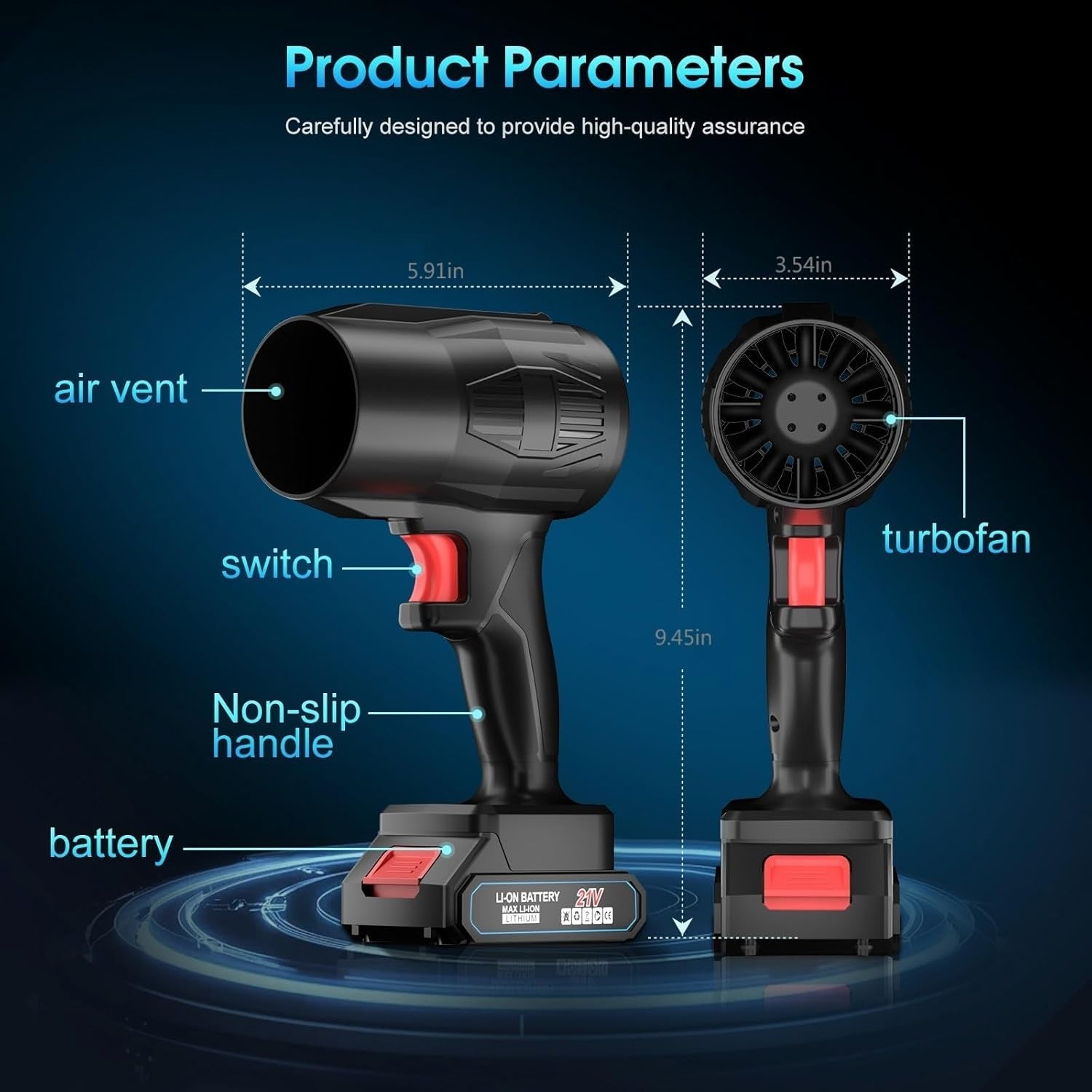 Main product shot of cordless leaf blower with rechargeable battery