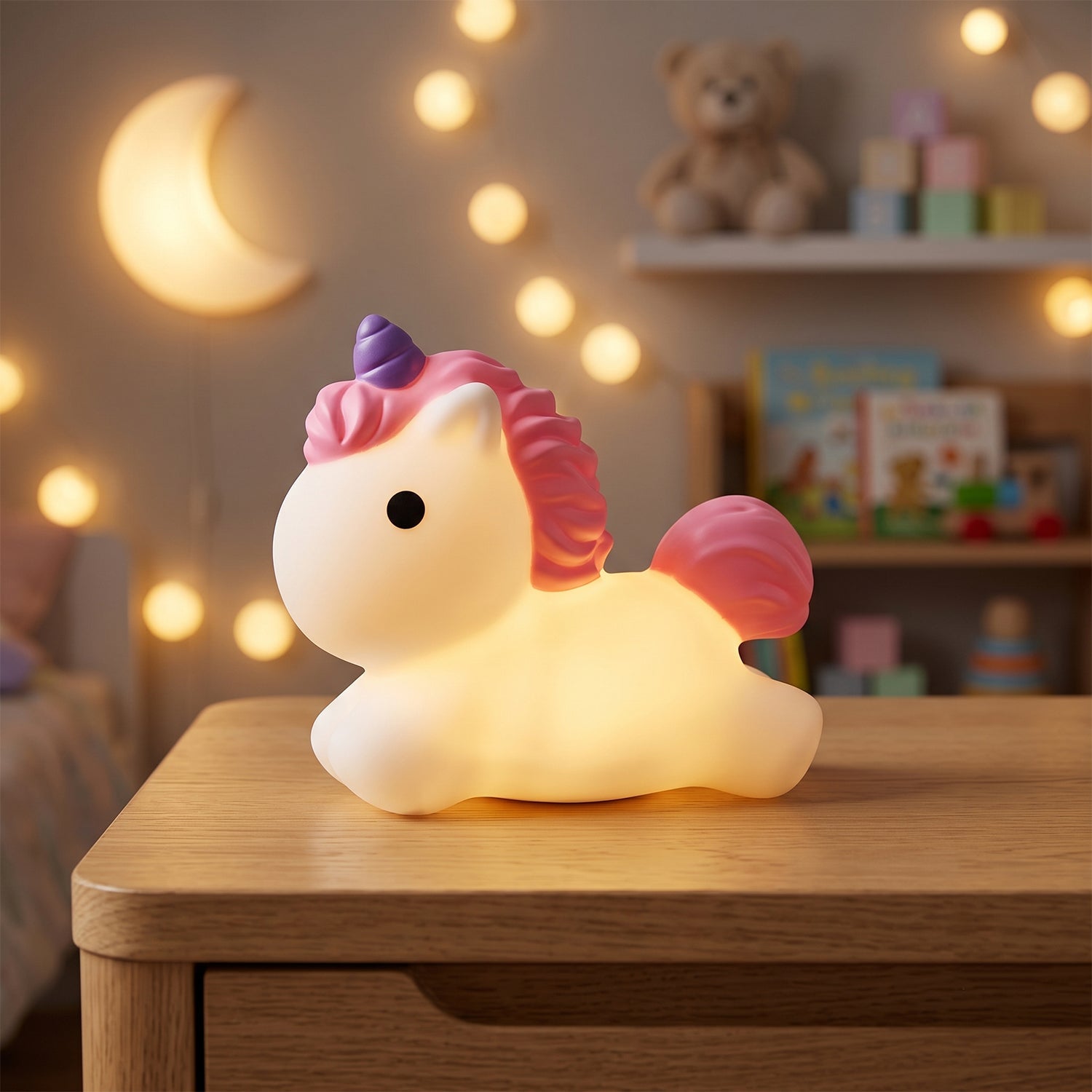Squeezable silicone unicorn LED lamp for gentle bedtime light