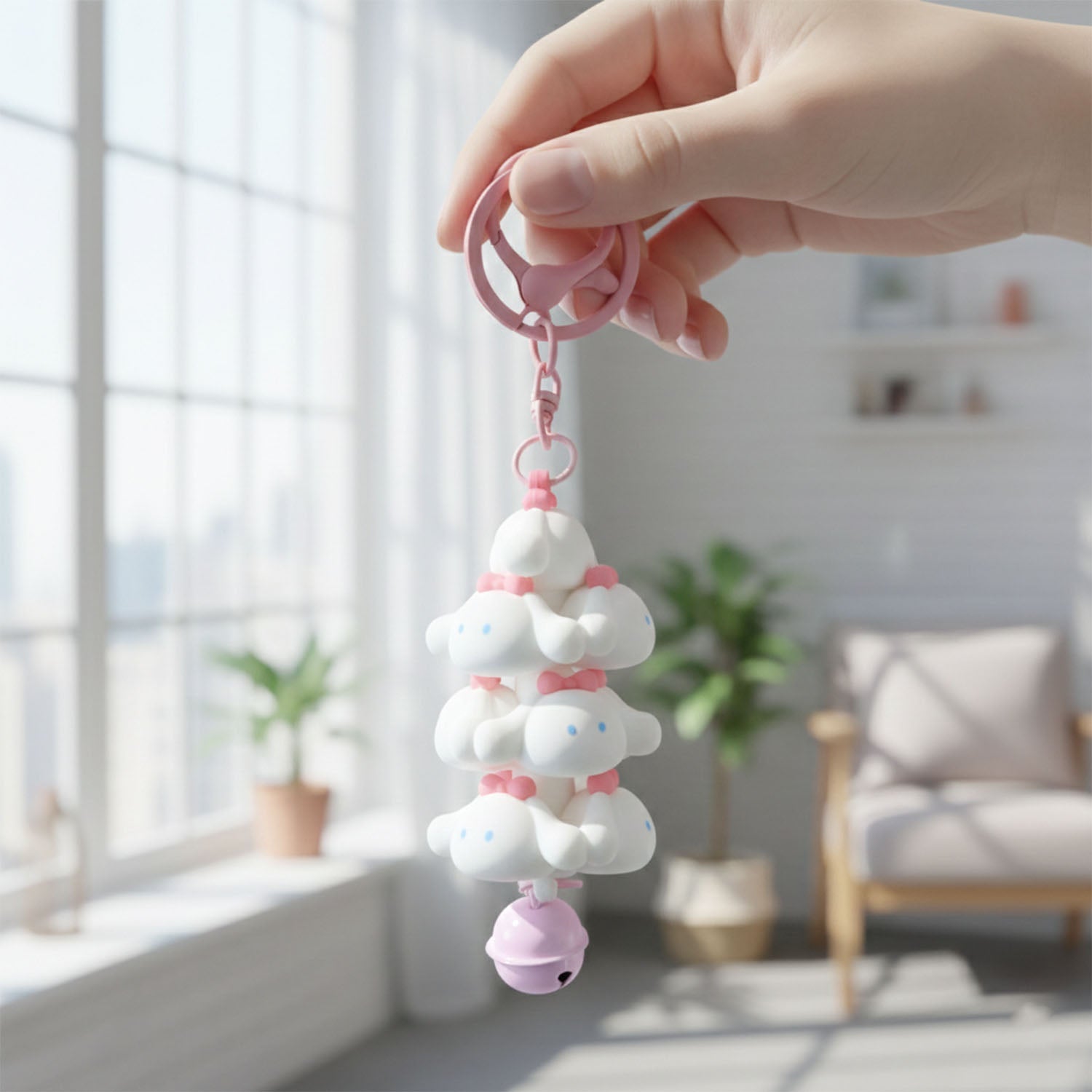 Novelty cloud key accessory complete with a sturdy metal clip and a tinkling bell.