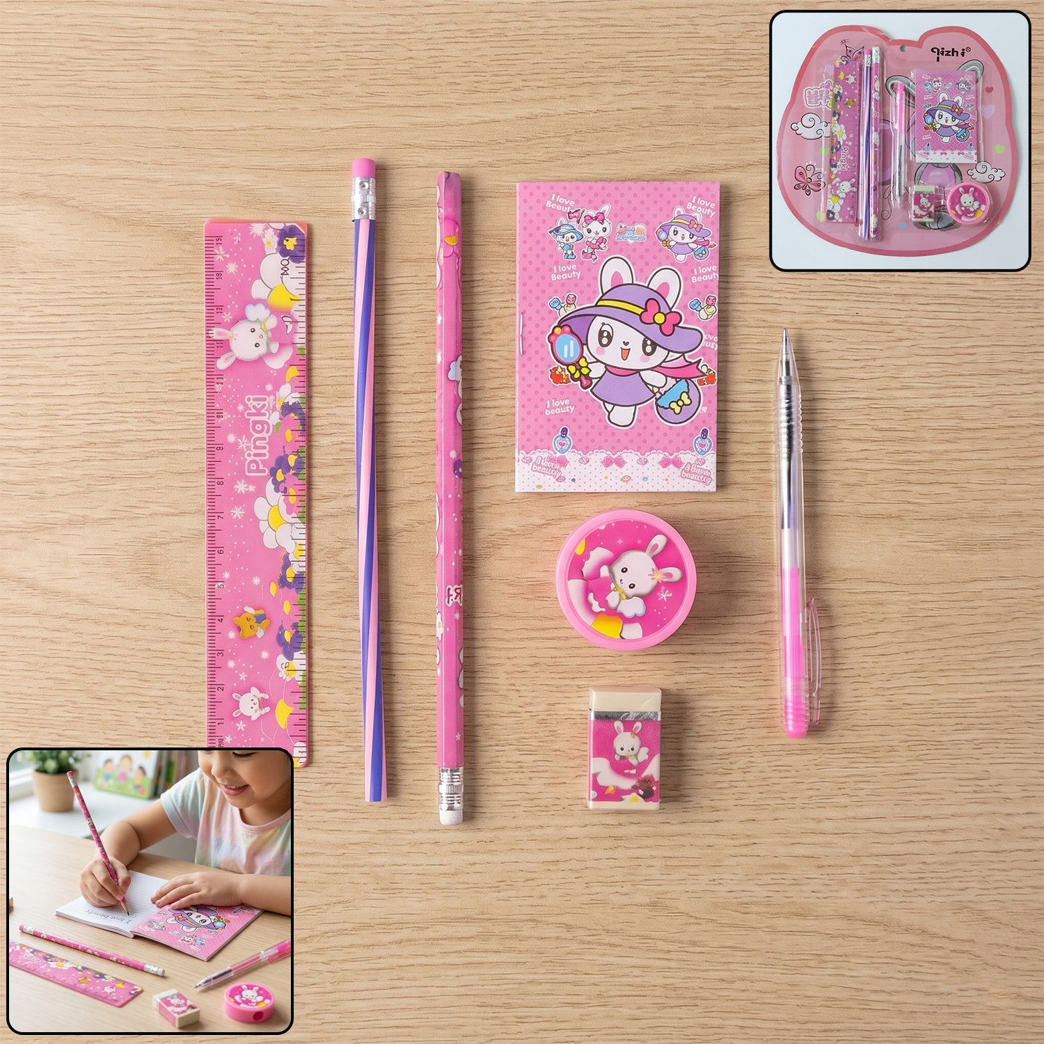 Pink 7-in-1 children’s stationery components with playful designs