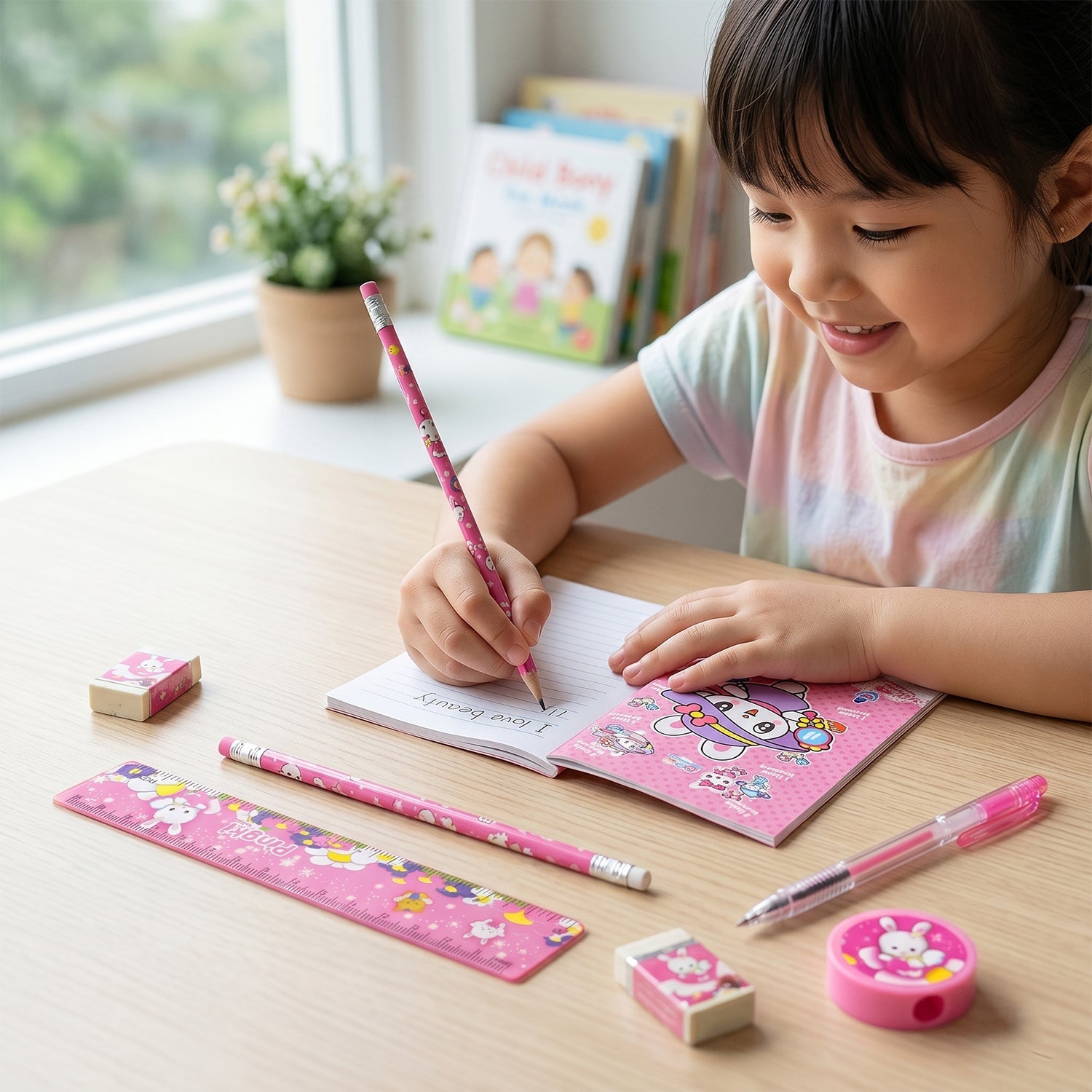 Essential pink school supplies pack for young children
