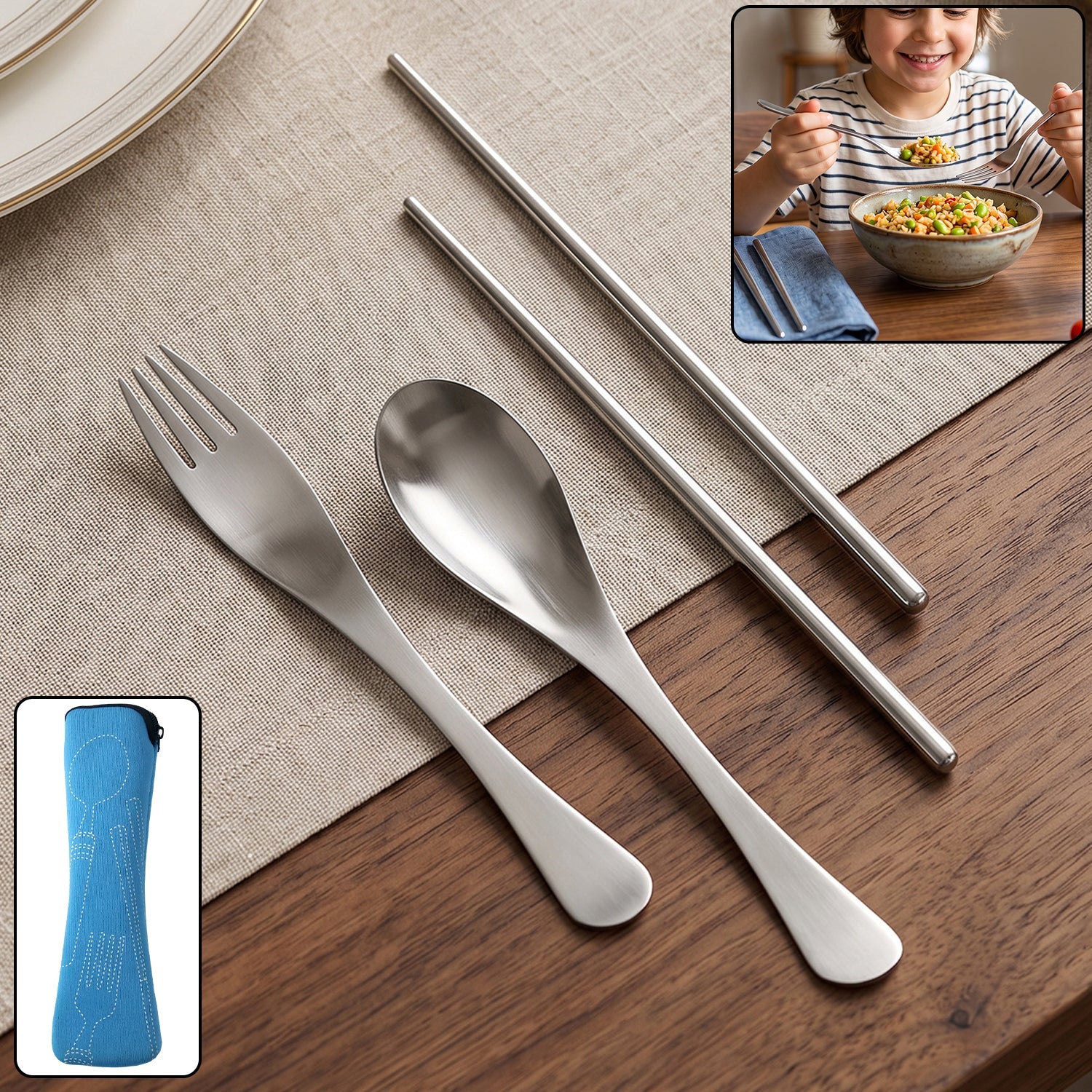 4 in 1 portable cutlery set with pouch, steel spoon, fork and chopsticks (1 set)